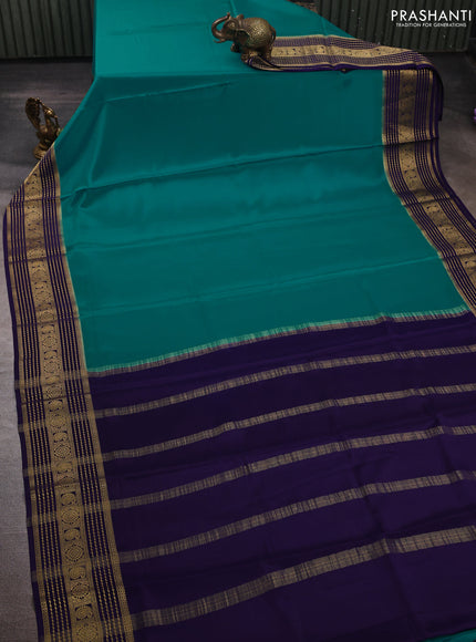 Teal Green& Blue Pure Mysore Silk Saree -Contarst Border