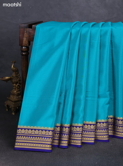 Teal & Blue Pure Mysore Silk Saree -Contarst Border