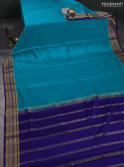 Teal & Blue Pure Mysore Silk Saree -Contarst Border