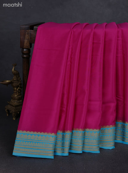 Magenta Pink& Sky Blue Pure Mysore Silk Saree -Contarst Border