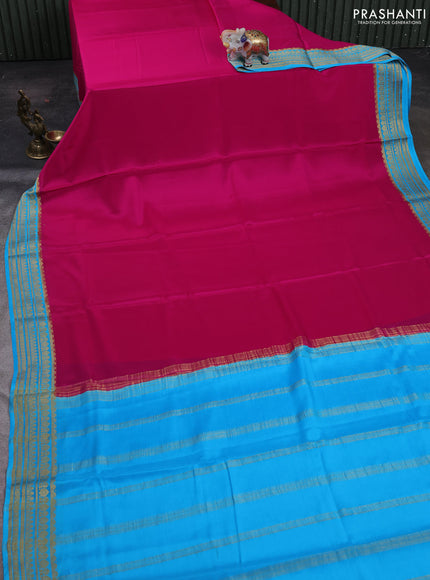 Magenta Pink& Sky Blue Pure Mysore Silk Saree -Contarst Border