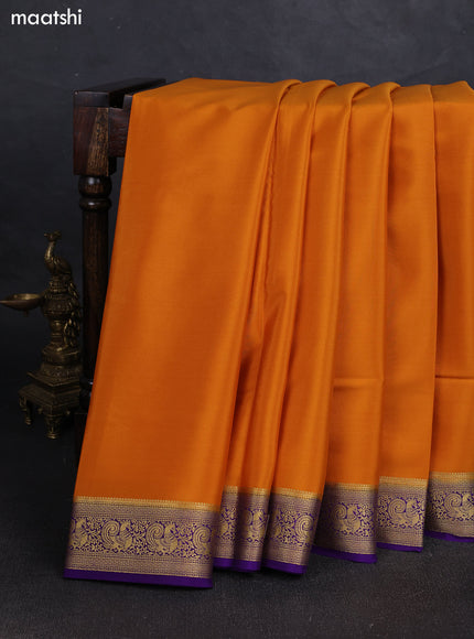 Mustard Yellow& Violet Pure Mysore Silk Saree -Contarst Border