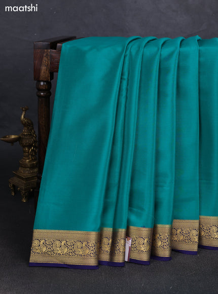 Teal Green& Navy Blue Pure Mysore Silk Saree -Contarst Border