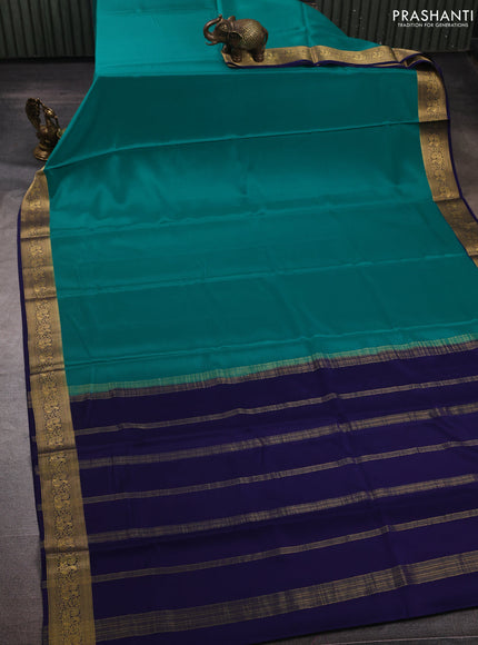 Teal Green& Navy Blue Pure Mysore Silk Saree -Contarst Border