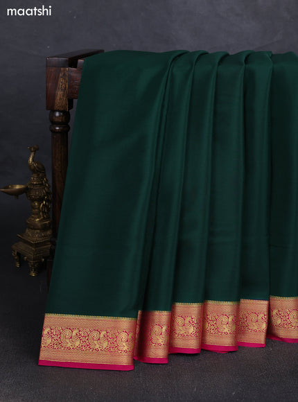 Bottle Green& Pink Pure Mysore Silk Saree -Contarst Border