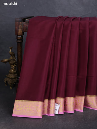 Wine & Baby Pink Pure Mysore Silk Saree -Contarst Border