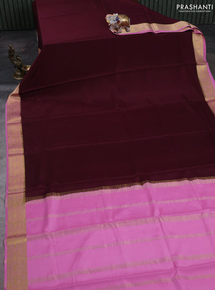 Wine & Baby Pink Pure Mysore Silk Saree -Contarst Border