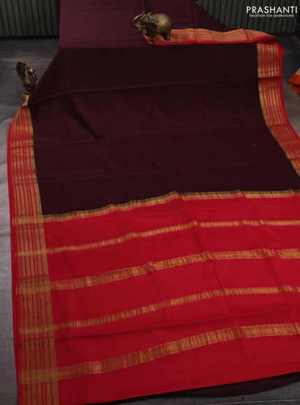 Brown& Red Pure Mysore Silk Saree -Contarst Border
