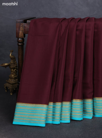 Brown& Teal Pure Mysore Silk Saree -Contarst Border