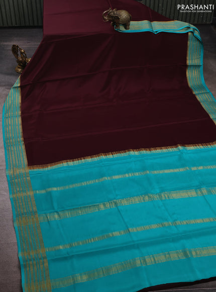 Brown& Teal Pure Mysore Silk Saree -Contarst Border