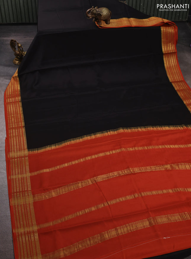 Black & Orange Pure Mysore Silk Saree - Contrast Border