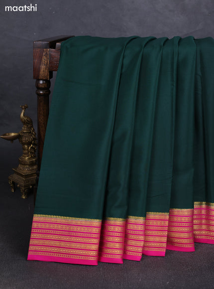 Bottle Green& Pink Pure Mysore Silk Saree -Contarst Border