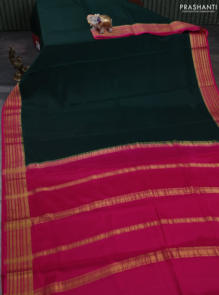Bottle Green& Pink Pure Mysore Silk Saree -Contarst Border