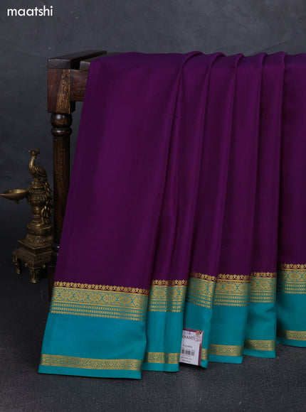 Purple& Teal Green Pure Mysore Silk Saree -Contarst Border