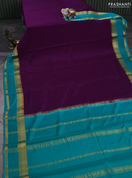 Purple& Teal Green Pure Mysore Silk Saree -Contarst Border