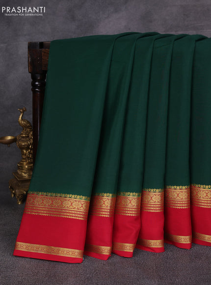 Bottle Green& Red Pure Mysore Silk Saree -Contarst Border