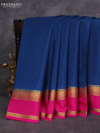 Peacock Blue& Pink Pure Mysore Silk Saree -Contarst Border