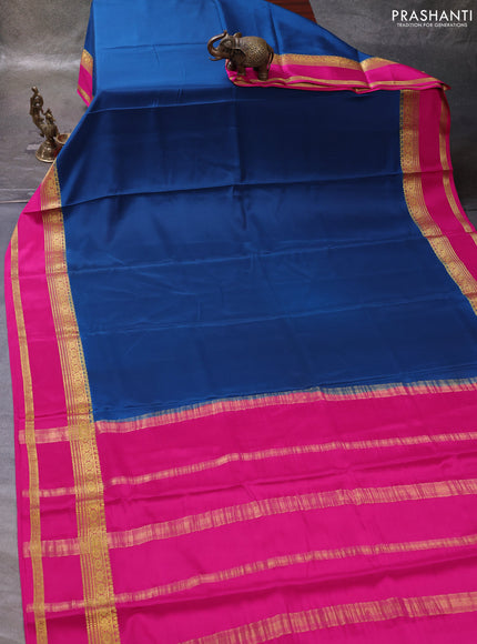 Peacock Blue& Pink Pure Mysore Silk Saree -Contarst Border