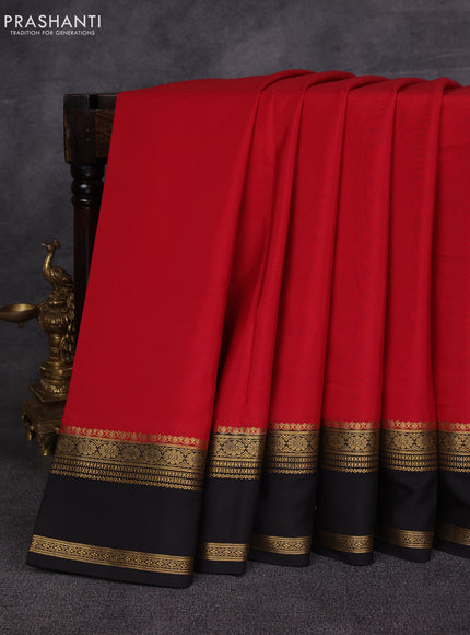Red& Coffee Brown Pure Mysore Silk Saree -Contarst Border