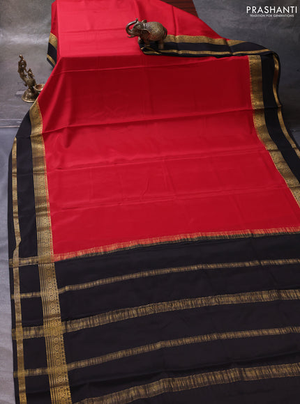 Red& Coffee Brown Pure Mysore Silk Saree -Contarst Border