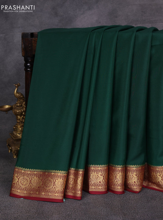 Bottle Green & Maroon Pure Mysore Silk Saree - Contrast Border
