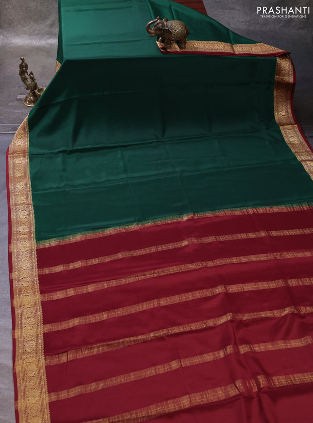 Bottle Green & Maroon Pure Mysore Silk Saree - Contrast Border