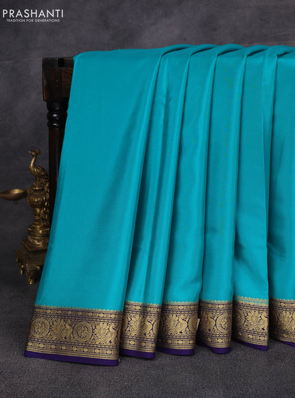 Teal Green& Blue Pure Mysore Silk Saree -Contarst Border