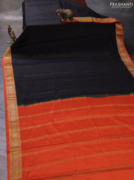 Deep Coffee Brown& Orange Pure Mysore Silk Saree -Contarst Border