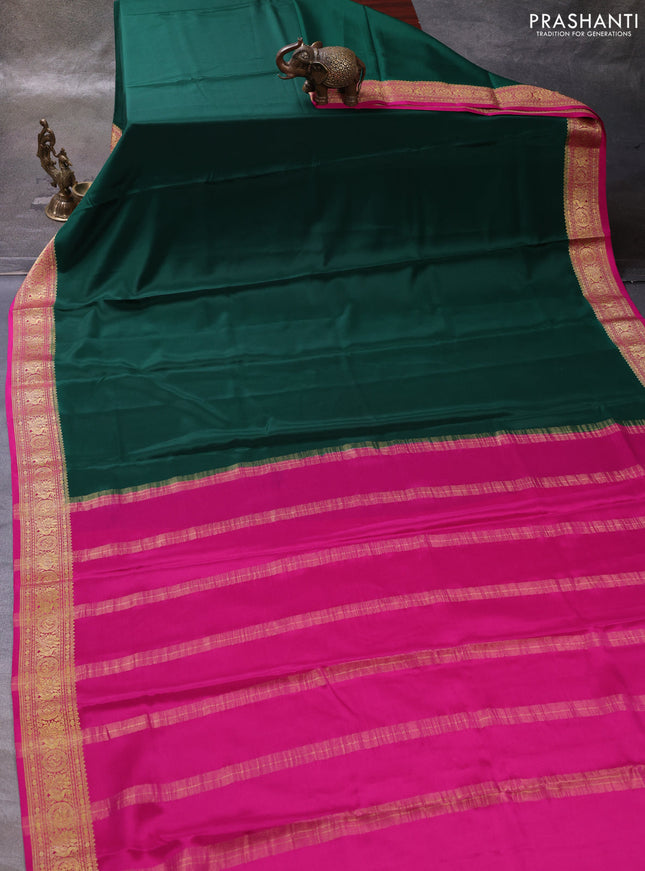 Green & Pink Pure Mysore Silk Saree - Contrast Border