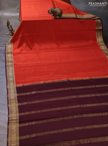 Rust& Coffee Brown Pure Mysore Silk Saree -Contarst Border
