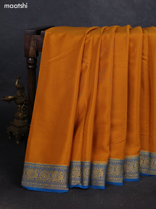 Mustard Yellow& Peacock Blue Pure Mysore Silk Saree -Contarst Border