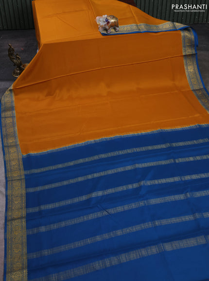 Mustard Yellow& Peacock Blue Pure Mysore Silk Saree -Contarst Border
