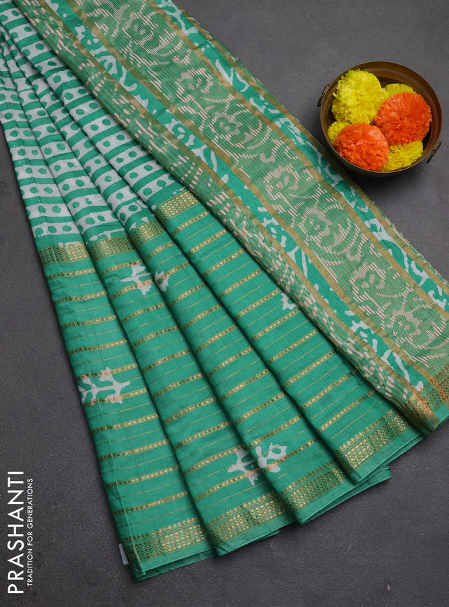 Teal Green Semi Chanderi Saree - Batik Prints