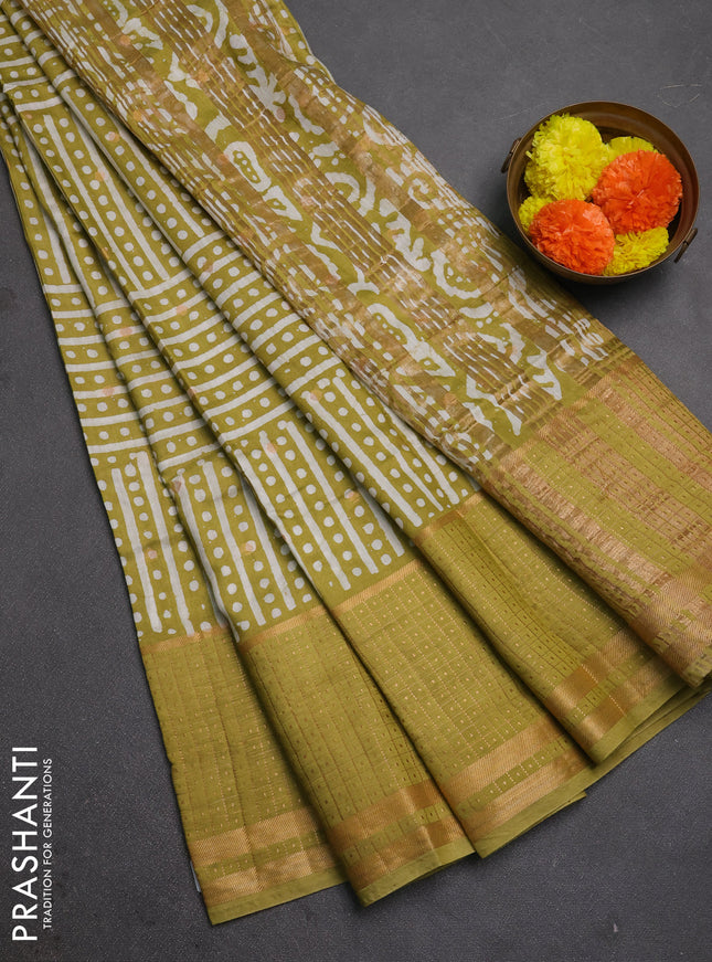 Pista Green Semi Chanderi Saree - Batik Prints