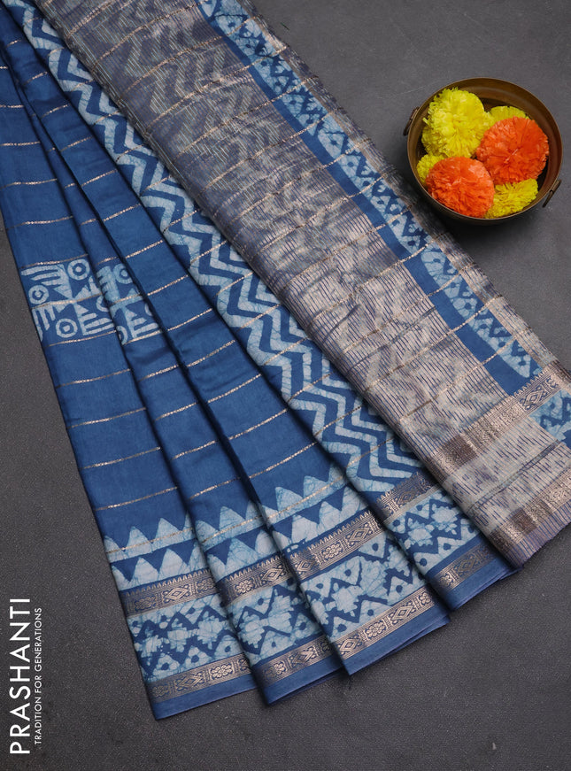 Peacock Blue Semi Chanderi Saree - Batik Prints