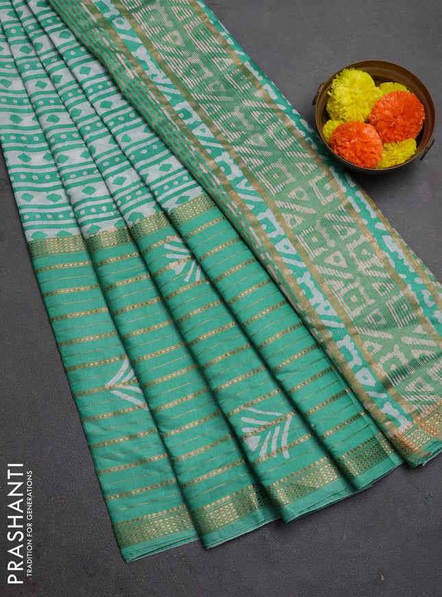Teal Green Semi Chanderi Saree - Batik Prints