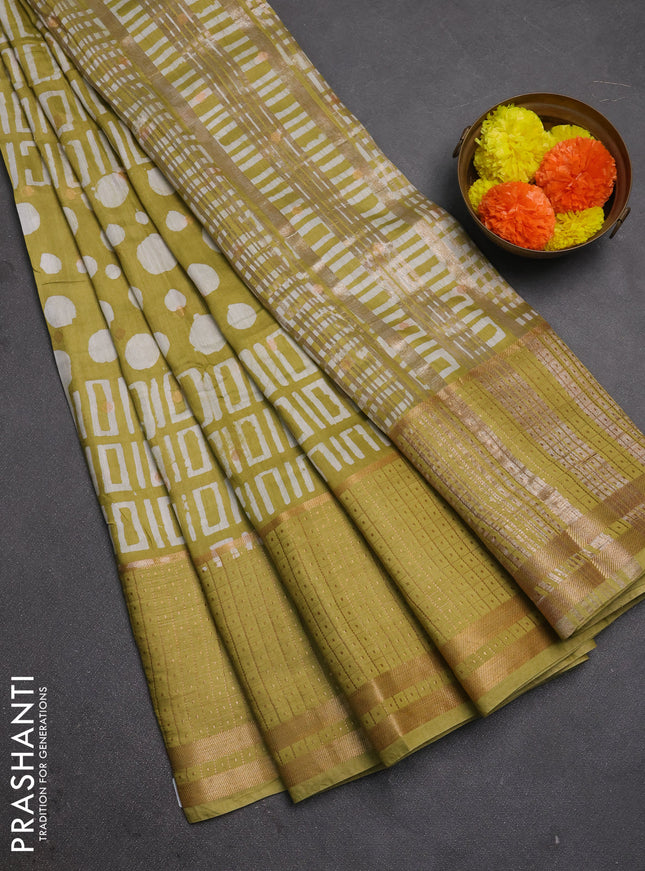 Pista Green Semi Chanderi Saree - Batik Prints