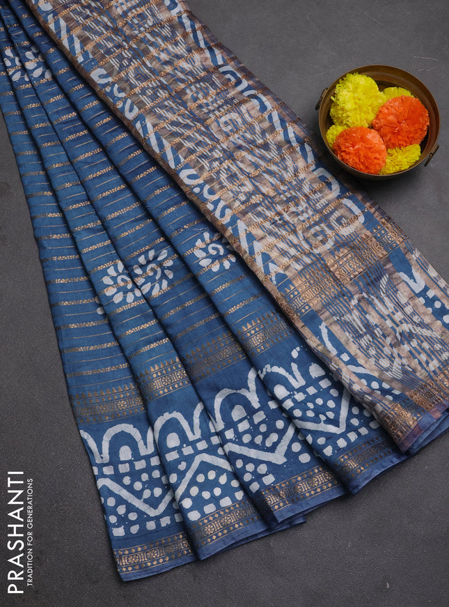Peacock Blue Semi Chanderi Saree - Batik Prints