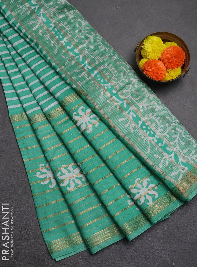 Teal Green Semi Chanderi Saree - Batik Prints