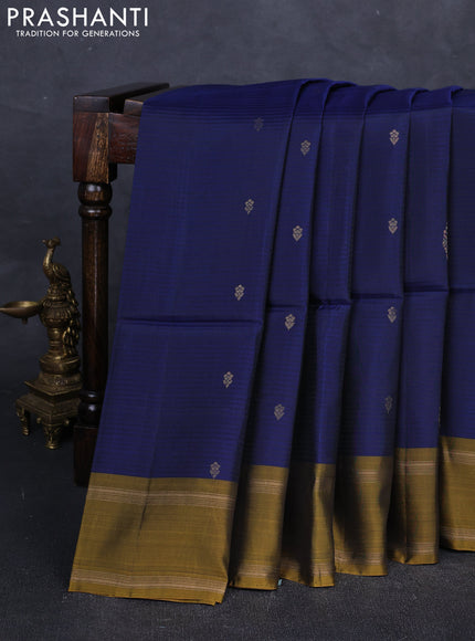 Blue & Mustard Green  Kanchipuram Soft Silk Saree - Buttas