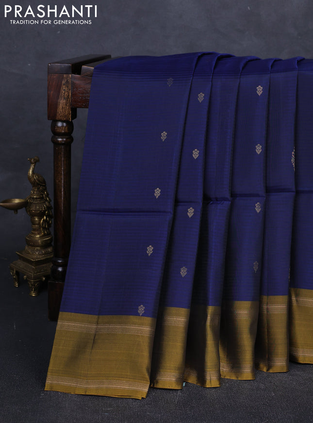 Blue & Mustard Green  Kanchipuram Soft Silk Saree - Buttas