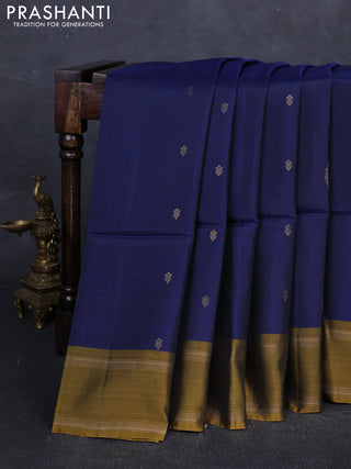 Blue & Mustard Green  Kanchipuram Soft Silk Saree - Buttas