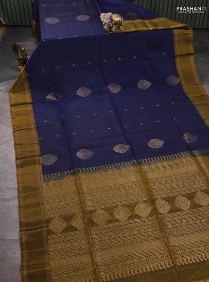Blue & Mustard Green  Kanchipuram Soft Silk Saree - Buttas