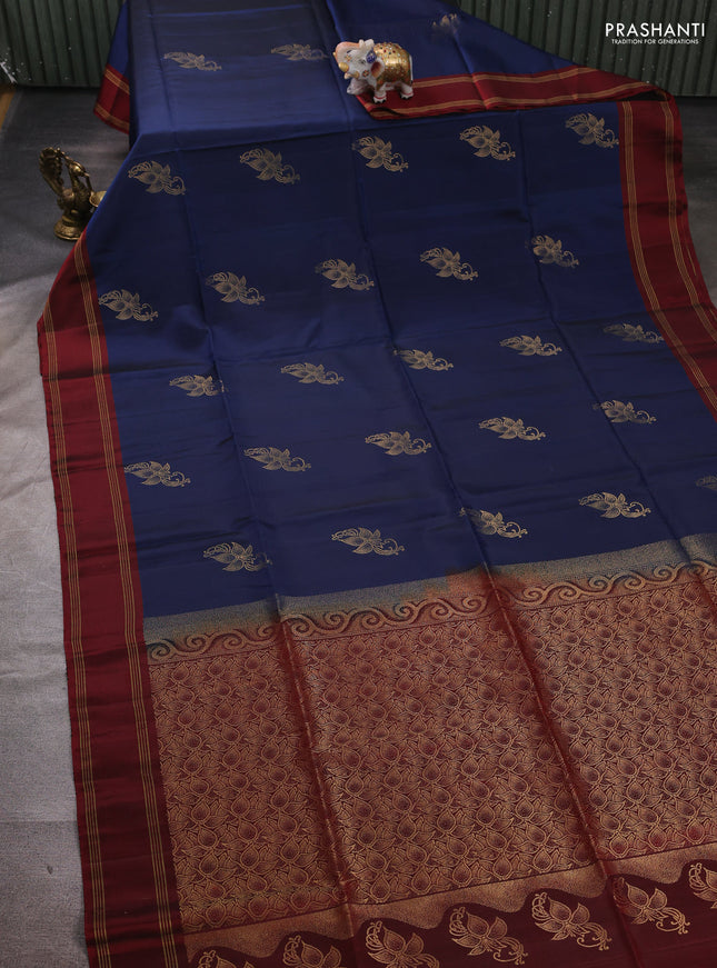 Blue & Maroon Kanchipuram Soft Silk Saree - Buttas