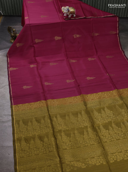 Pink & Mustard Green Kanchipuram Soft Silk Saree -  Buttas