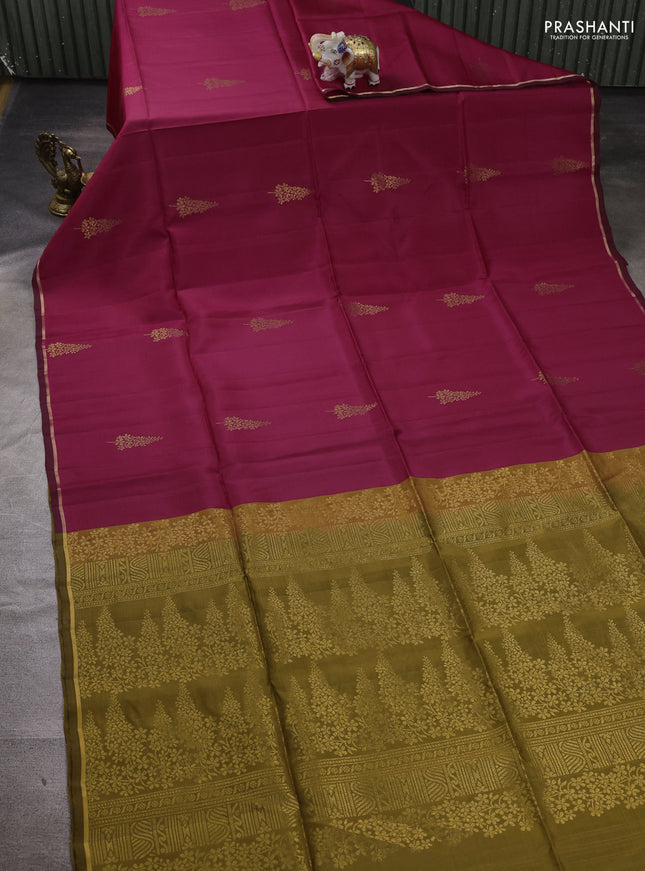 Pink & Mustard Green Kanchipuram Soft Silk Saree -  Buttas