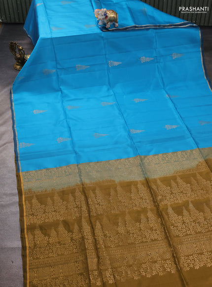 CS Blue & Mustard green  Kanchipuram Soft Silk Saree - Buttas