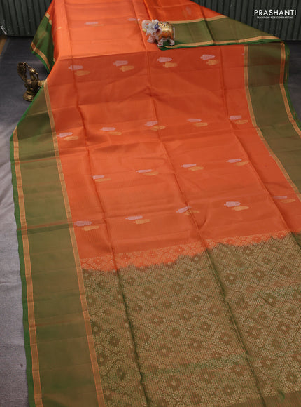 Orange & Green  Kanchipuram Soft Silk Saree - Buttas