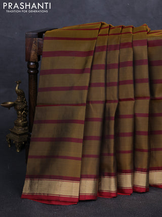 Mustard Green & Red Kanchipuram Soft Silk Saree -  Buttas