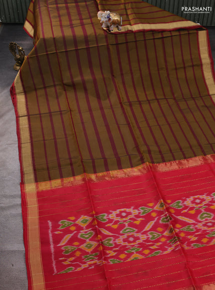 Mustard Green & Red Kanchipuram Soft Silk Saree -  Buttas